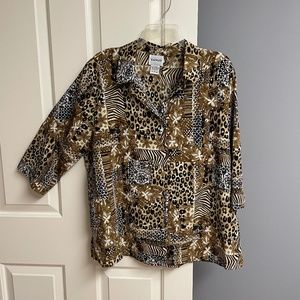 Bon Worth Black Brown Cheetah Blouse, 3/4 Sleeve, Button, Woman Petite L…